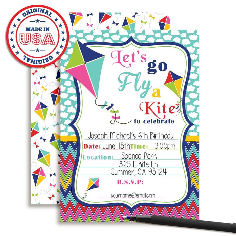Amanda Creation Kite Flying Birthday Party Fill In Invitations set of 20 Cards and Envelopes. - Image 3